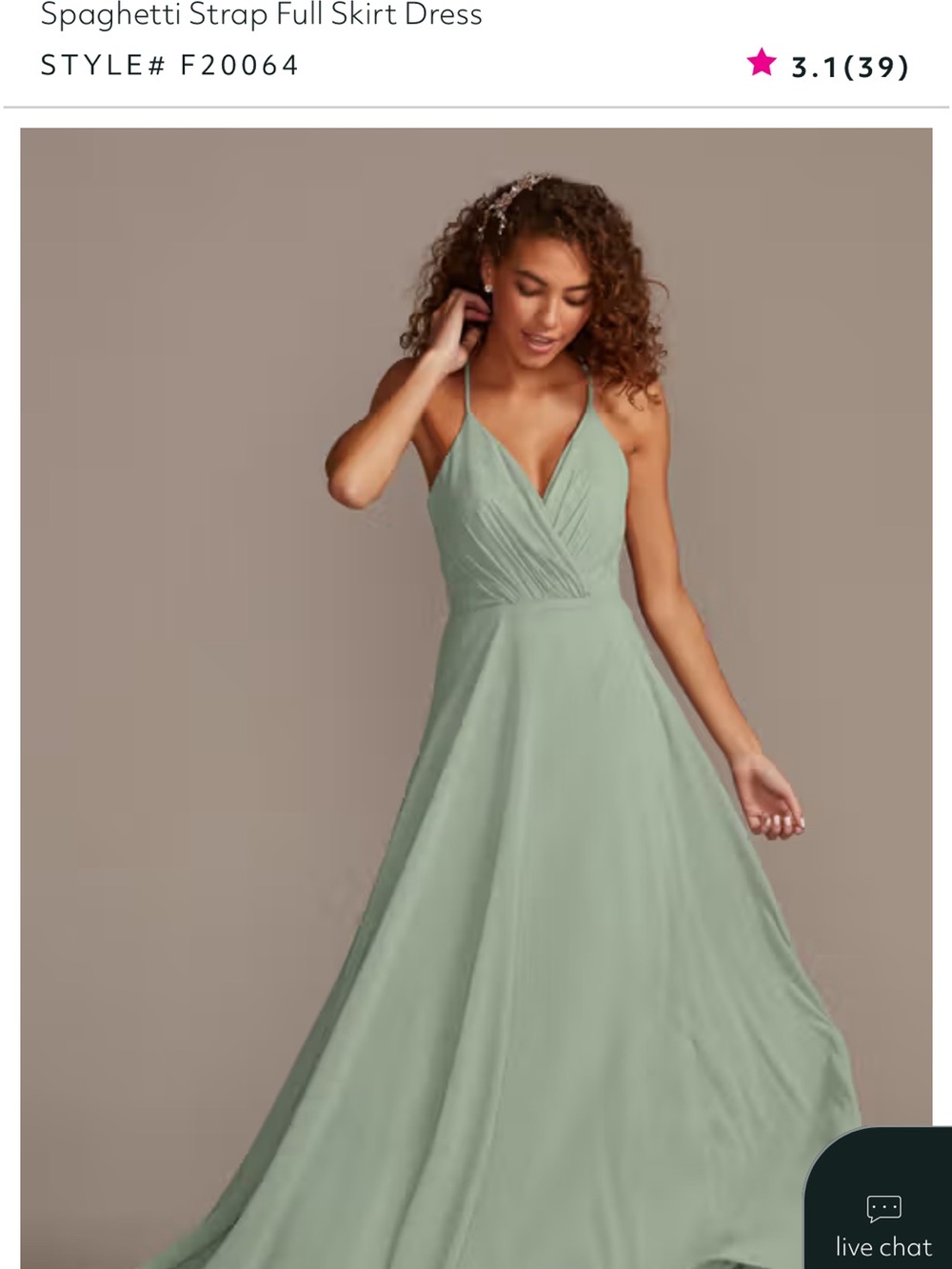 David's Bridal Sage Green Spaghetti Strap A-Line Gown